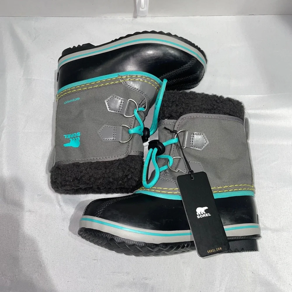 Sorel Yoot Pac Nylon Waterproof Winter‎ Boots Grey Black Teal NC1962-052 Kids 12